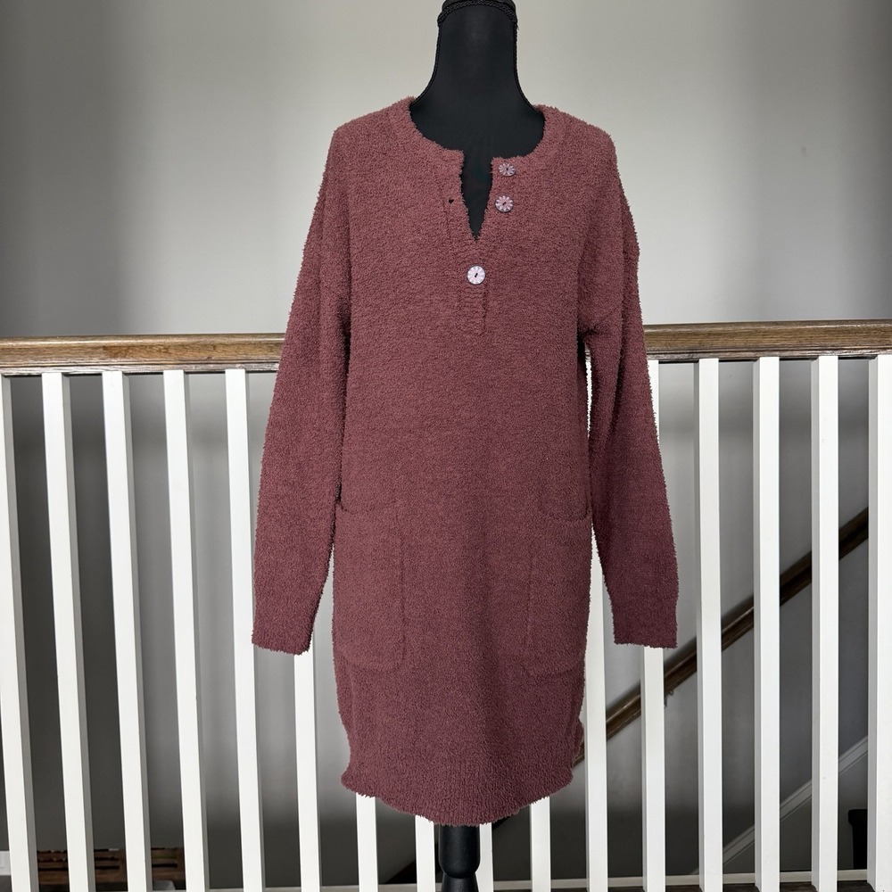 Natural Life Henley Sweater Dress Tunic Small Burgundy Fuzzy‎ Cozy Shirt Top